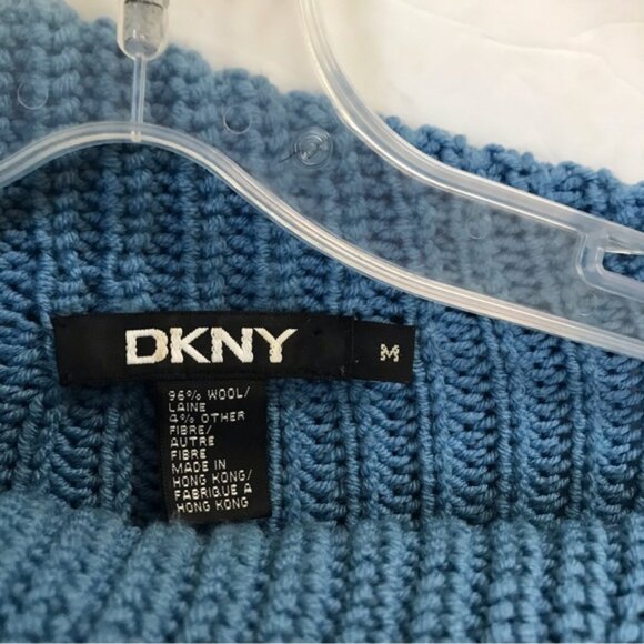DKNY Chucky Wool Ribbed Knit Sweater Side Mock Neck Soft Cozy Oversized Blue M - Picture 11 of 15